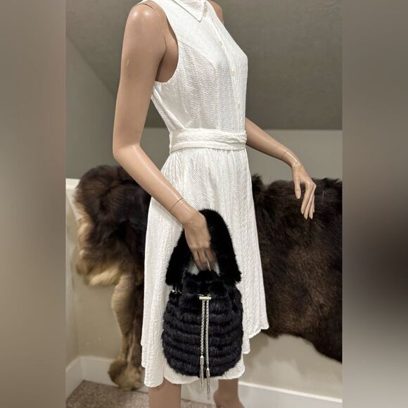 Black Multi Use Handmade Genuine Mink Fur & Drawstring Bucket Bag with 3 Straps - Picture 9 of 16